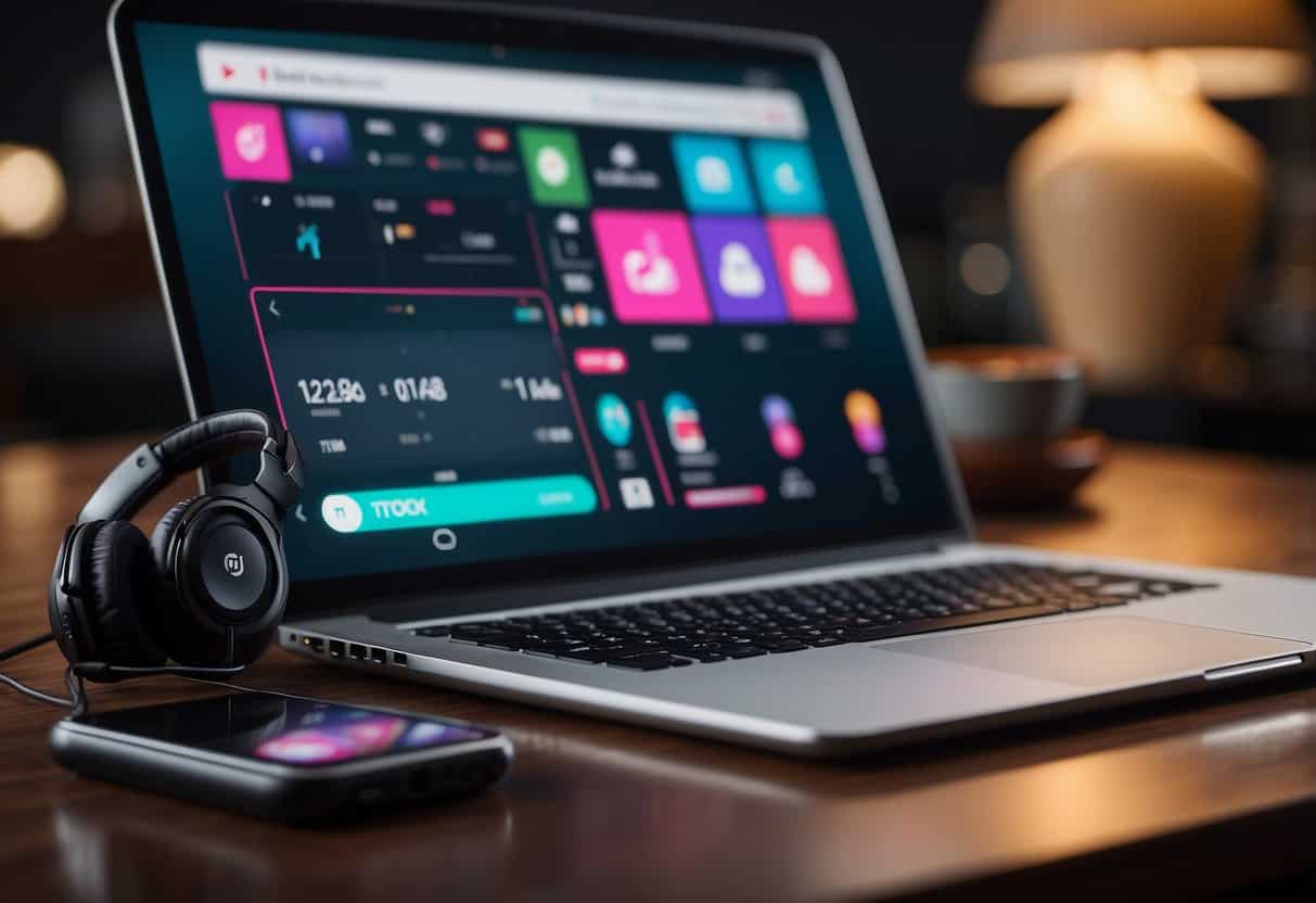 A smartphone with a TikTok logo on the screen, surrounded by creative props and tools. A laptop showing analytics and a calendar with content ideas