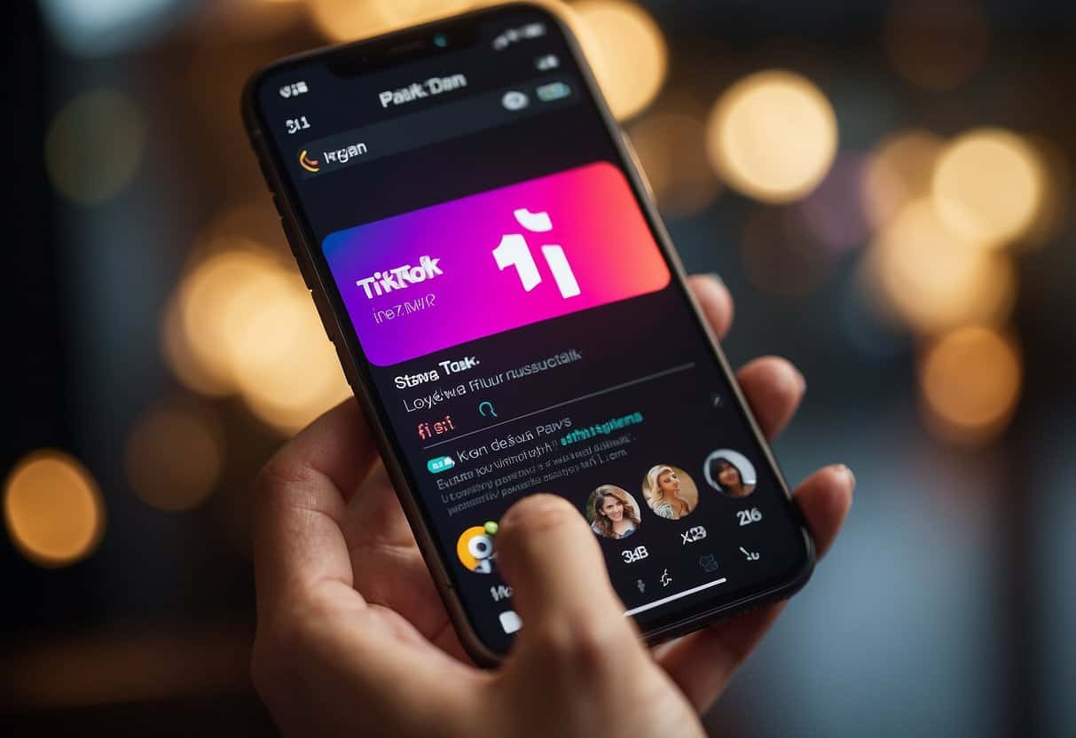 A smartphone with a TikTok app open, displaying a trending hashtag and follower count increasing