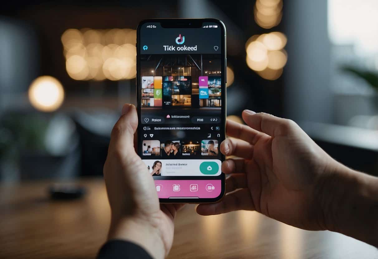 A smartphone with TikTok app open, showing a user creating and sharing engaging content. Icons for likes, comments, and followers visible