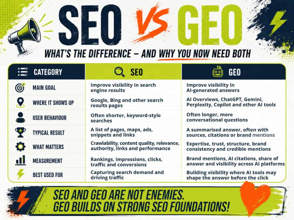 Table showing differences between SEO and GEO