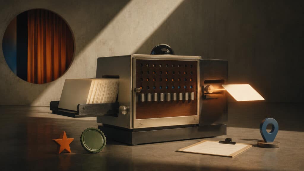 Retro office machine processing business listings, reviews and evidence into a clear result